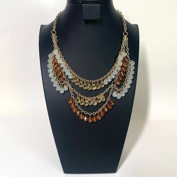 Beaded Chandelier Necklace Layered Beads & Gold Chains Pale Blue Amber Gold 16"L - Picture 1 of 3